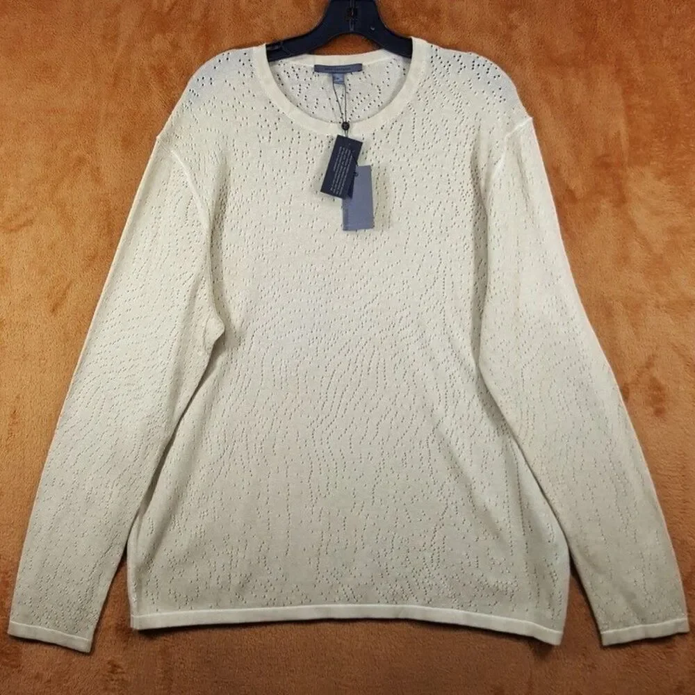 JOHN VARVATOS Mens Sweater Large Tan Pullover Crew CAMDEN Mesh Stitch Sheer $228